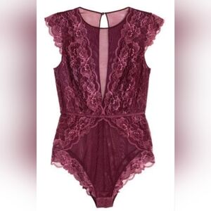 La Vie En Rose Deep Red Lacelike One Piece Bodysuit
